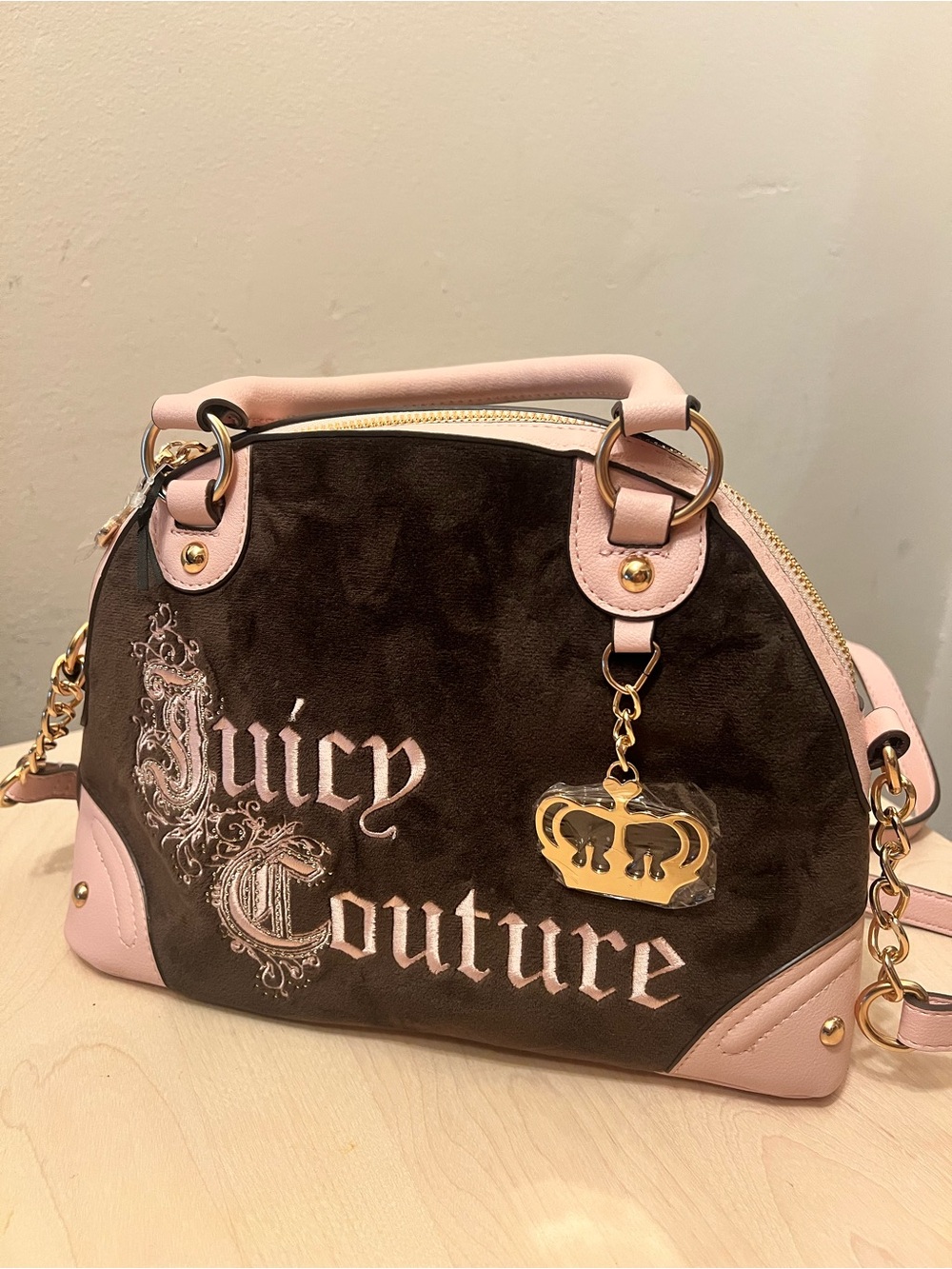 Juicy Couture Brown & Pink Logo Dome Satchel with Crown Charm